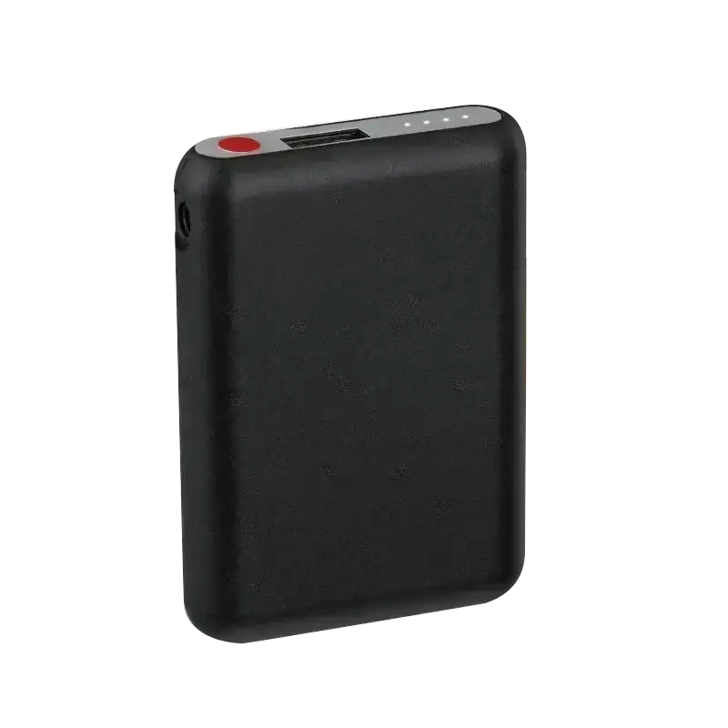 Black rectangular mini power bank 5000mah with red button and silver port for heated gloves battery pack