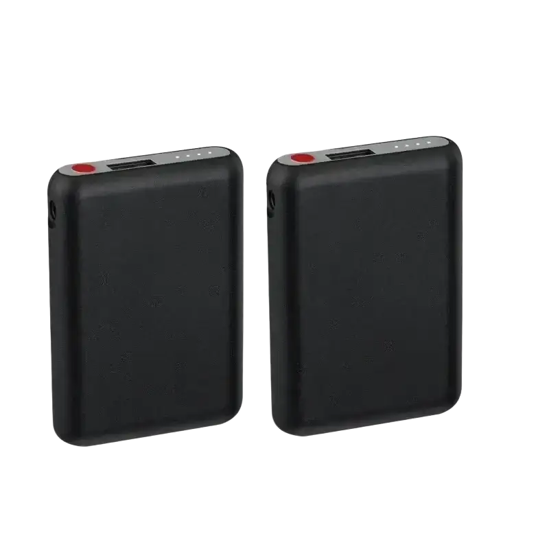 Black rectangular mini power bank 5000mah with red indicator lights and usb ports for heated gloves battery use