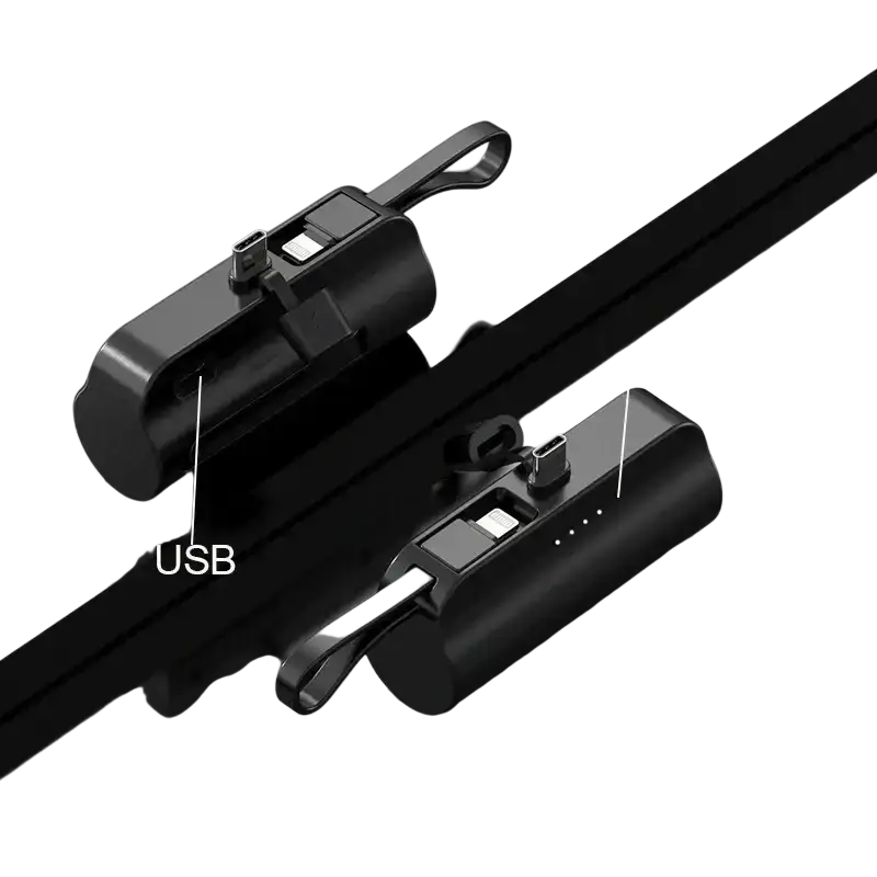Black mini power bank with quick charge 10000mah capacity usb ports and durable shell material with built-in lanyard