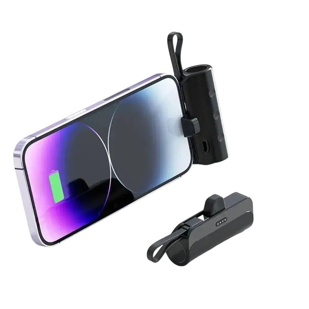 Black mini power bank quick charge 10000mah phone charger with compact shell material and integrated carrying loop