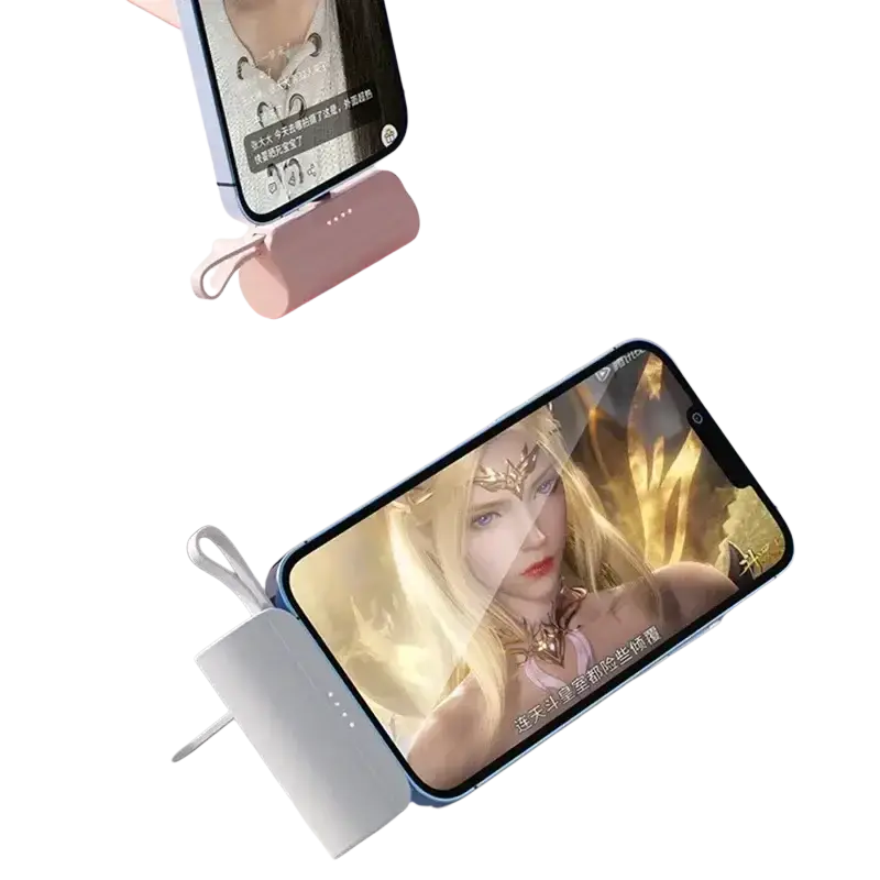 Mini power bank quick charge 10000mah phone charger in pink and white with integrated cables and durable shell material