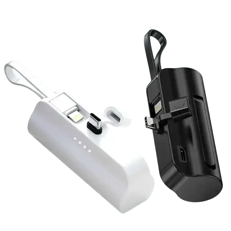 Mini power bank quick charge 10000mah phone charger in white and black with usb-c port shell material and carrying handle