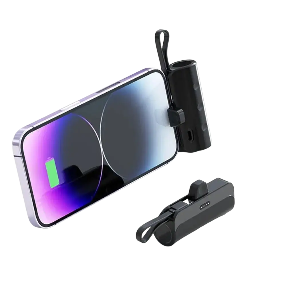 Black mini power bank quick charge portable phone charger with shell material, integrated clip, and loop handle