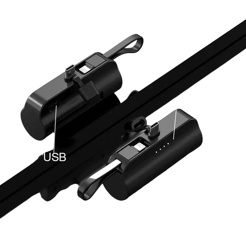 Black mini power bank portable phone charger with quick charge, large capacity, shell material, integrated led light, dual usb ports