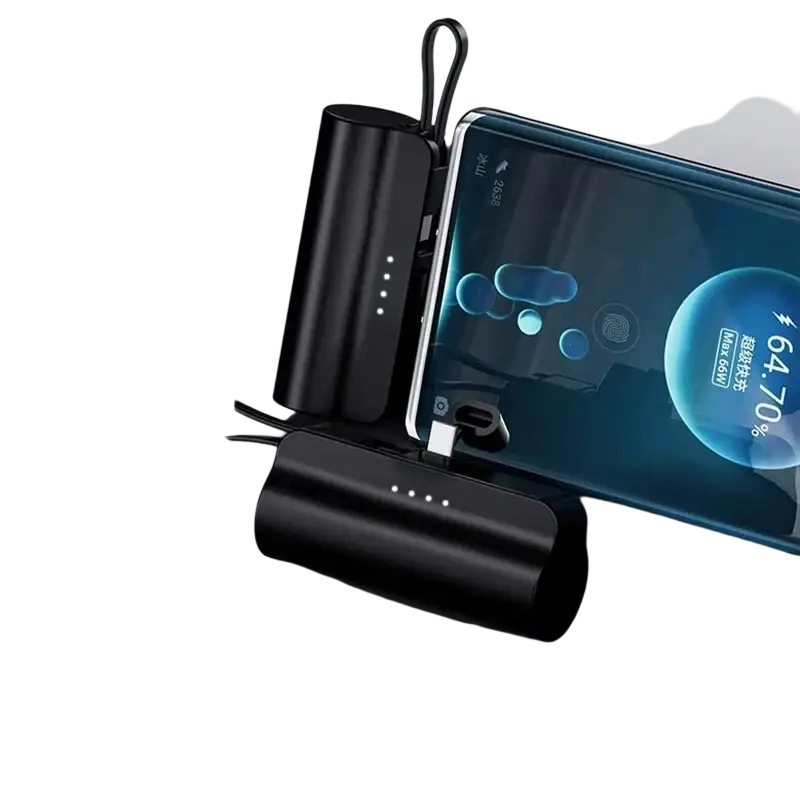 Black cylindrical mini power bank with quick charge type-c interface and durable shell material 5000mah capacity