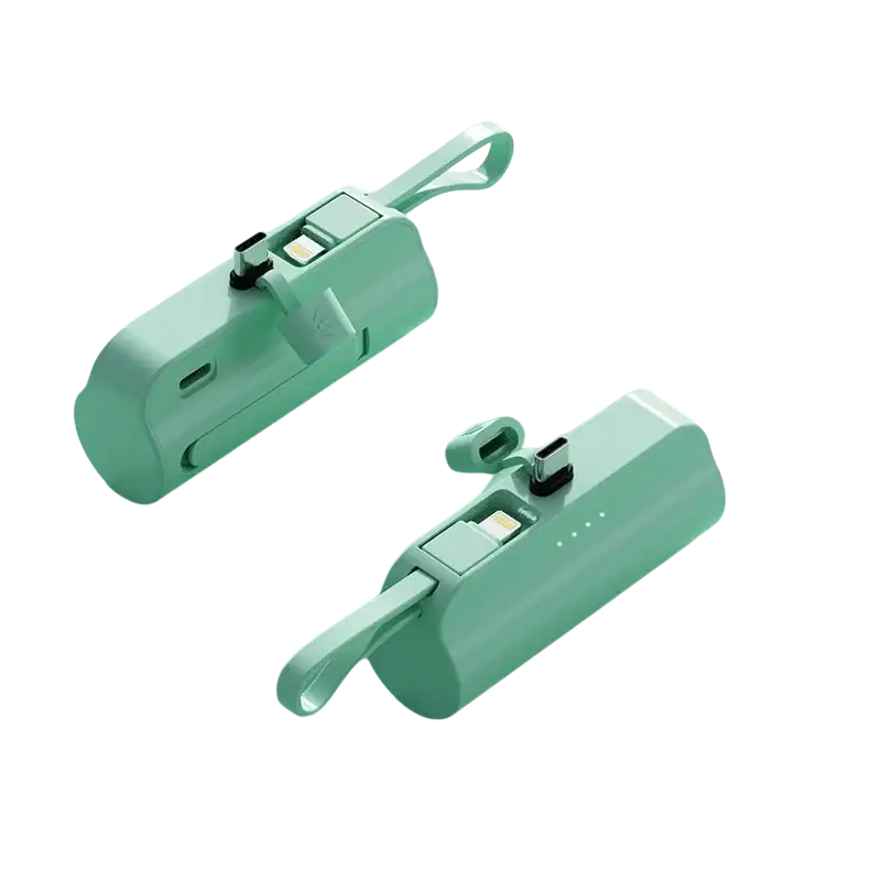 Mint green mini power bank with quick charge, shell material, integrated usb-c and lightning ports, and loop handle