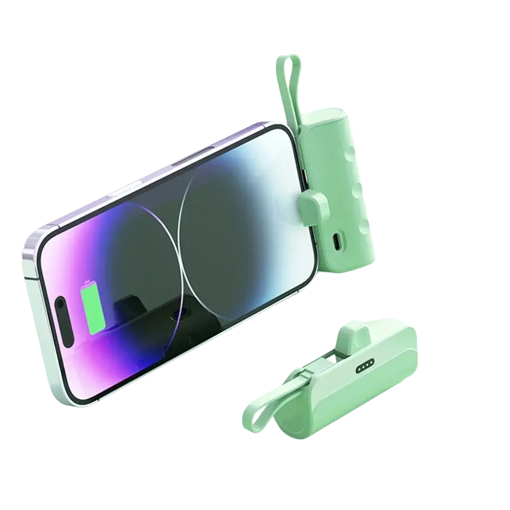Mint green mini power bank quick charge portable phone charger with durable shell material clip and strap design