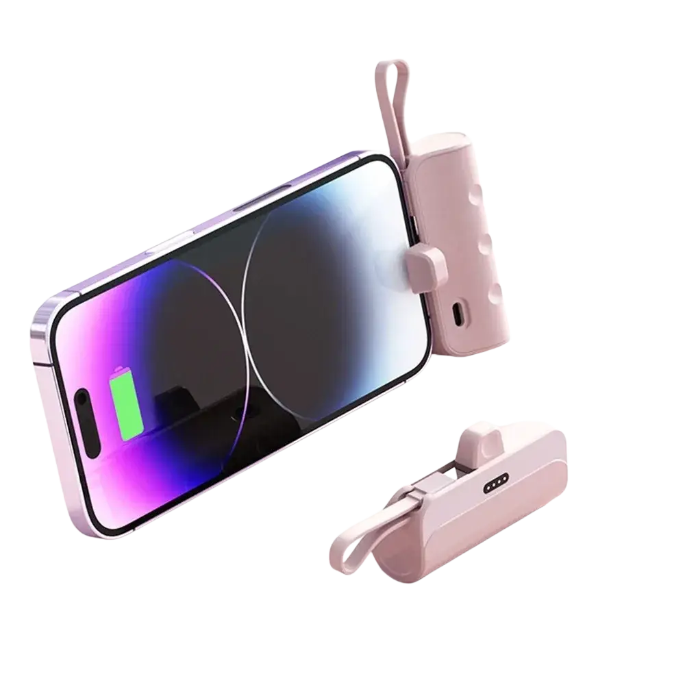 A sleek blush-pink mini power bank quick charge portable phone charger with textured grip and durable shell material