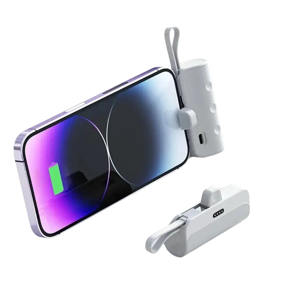 White mini power bank quick charge portable phone charger with sleek shell material and large capacity carrying loop