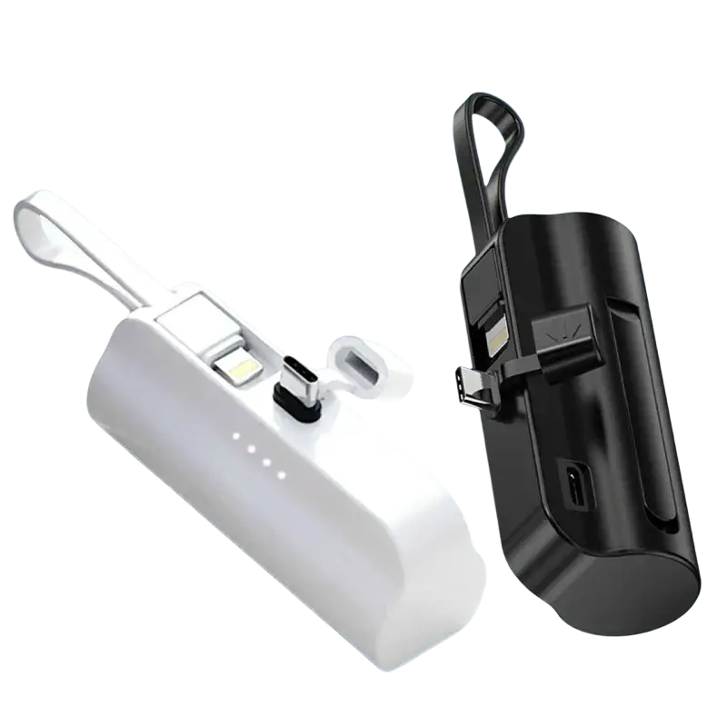 Mini power bank quick charge portable phone charger in white and black with shell material, wrist straps, and multiple usb ports