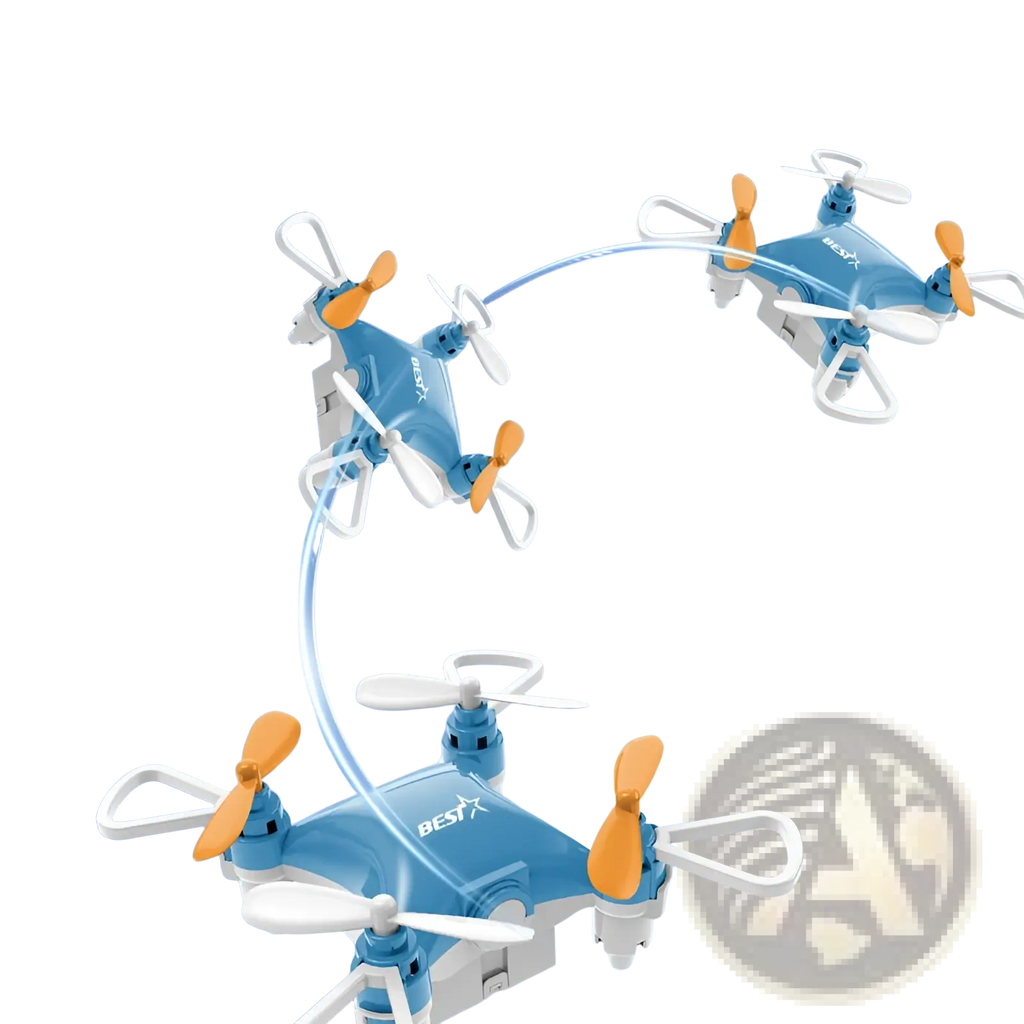 Mini quadcopter toy blue drone with single battery performing 360-degree rolling stunt with white propeller guards