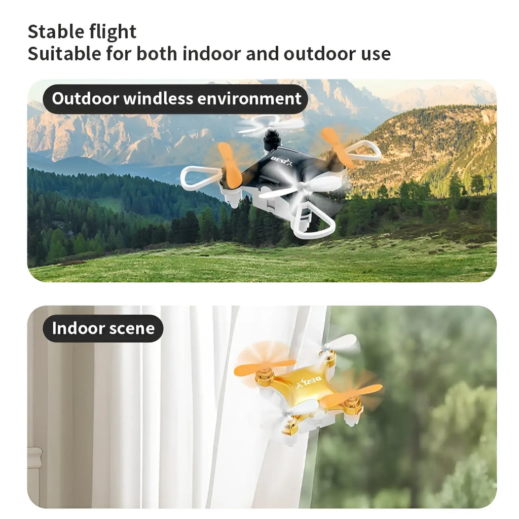 Compact black and orange mini quadcopter toy drone with white propeller guards and single battery included