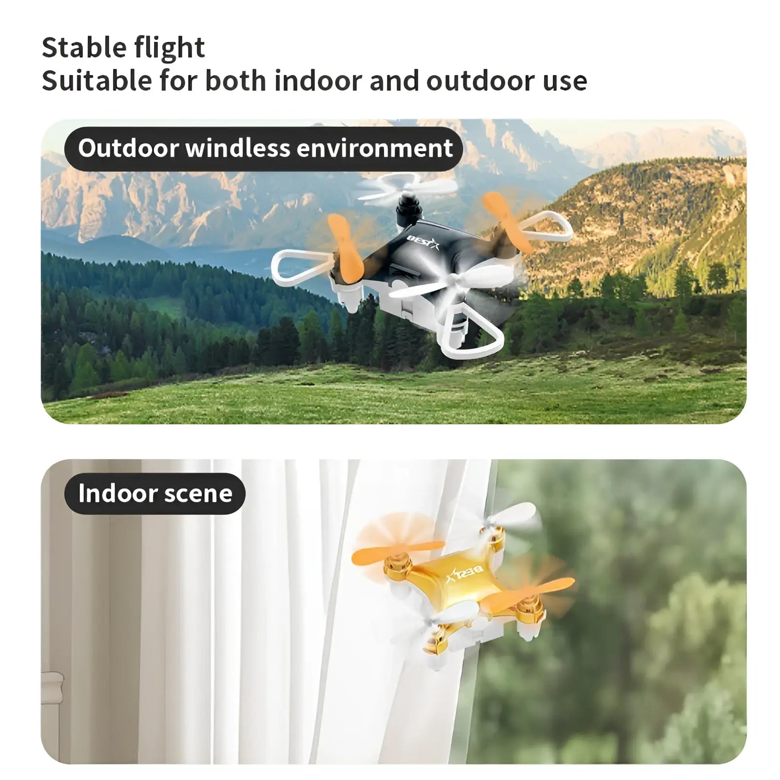 Compact black and orange mini quadcopter toy drone with white propeller guards and single battery included