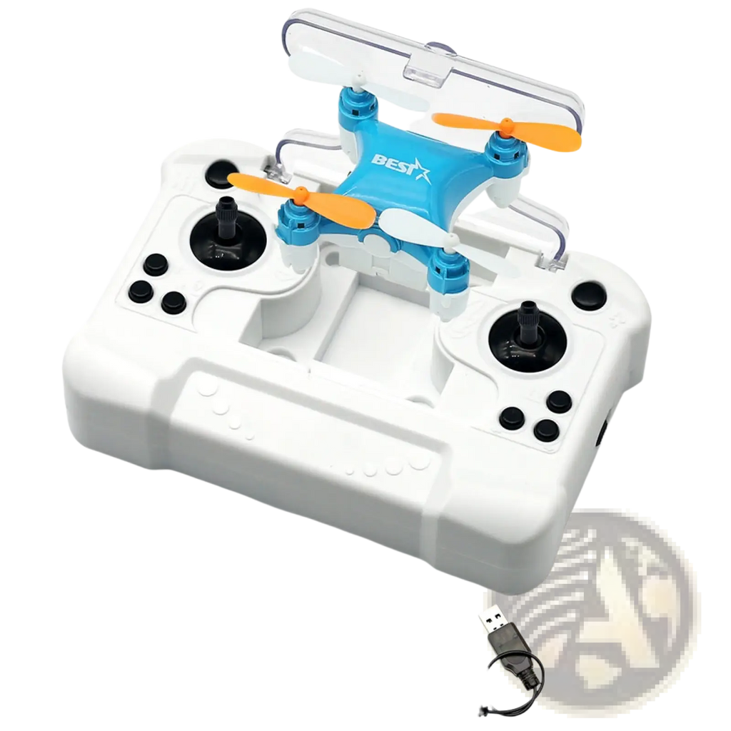 Mini quadcopter toy blue drone with single battery featuring blue and orange design and transparent protective cover on white remote control