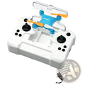 Mini quadcopter toy blue drone with single battery featuring blue and orange design and transparent protective cover on white remote control