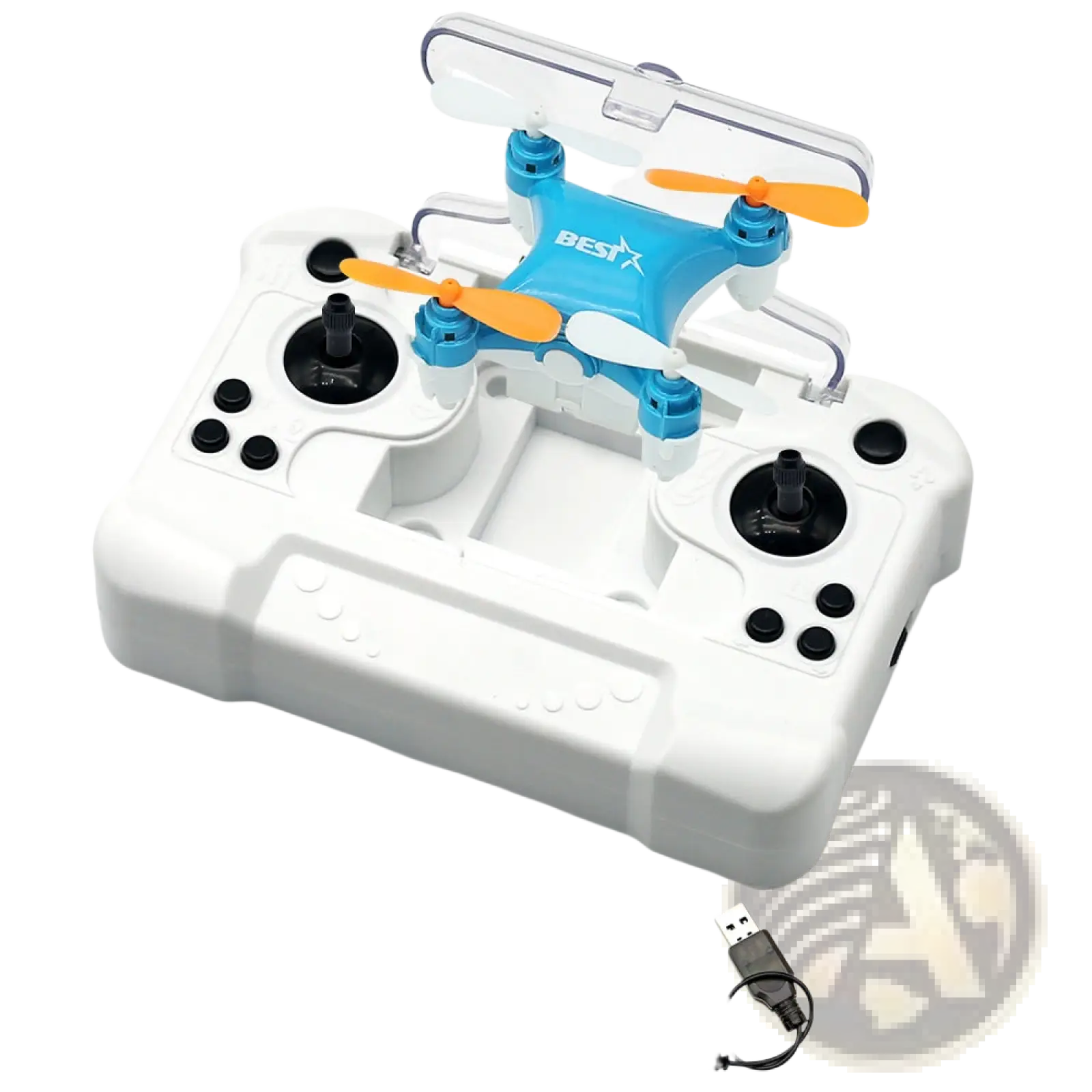Mini quadcopter toy blue drone with single battery featuring blue and orange design and transparent protective cover on white remote control