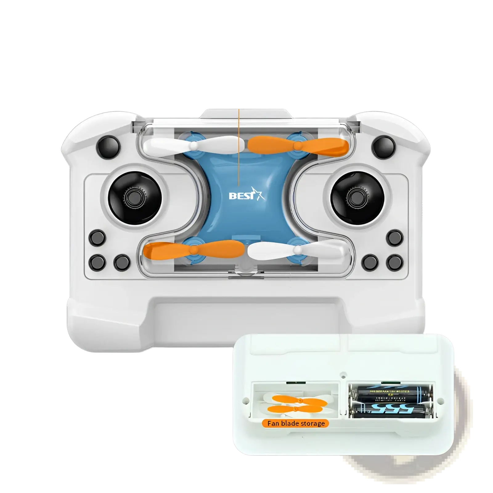 White remote control with blue and orange integrated storage compartment for mini quadcopter toy blue drone battery