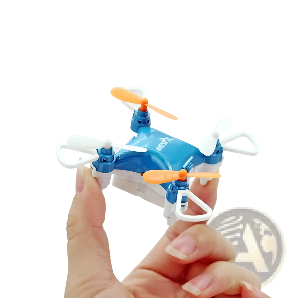 Mini quadcopter toy blue drone with orange propellers and single battery designed for indoor and outdoor use