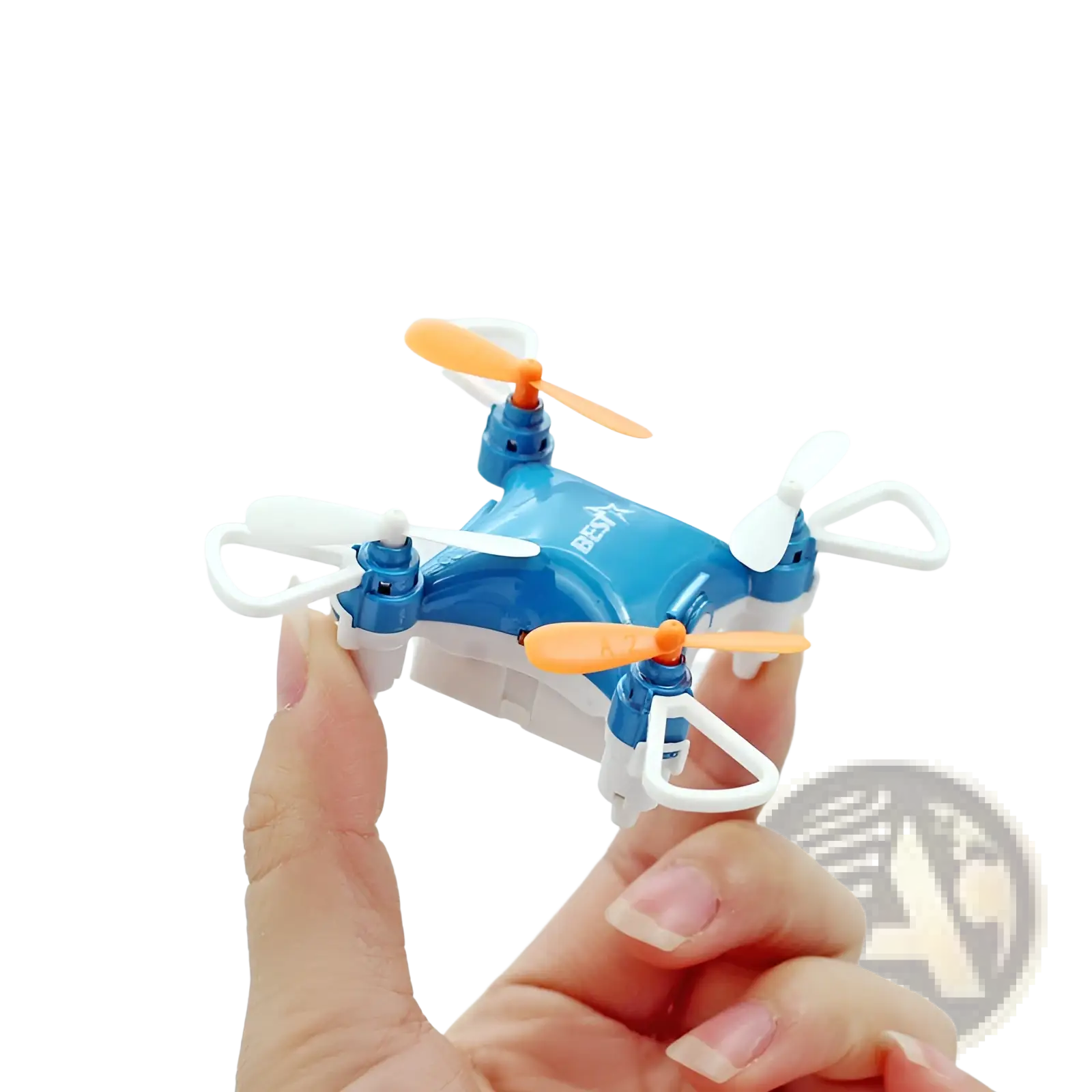 Mini quadcopter toy blue drone with orange propellers and single battery designed for indoor and outdoor use