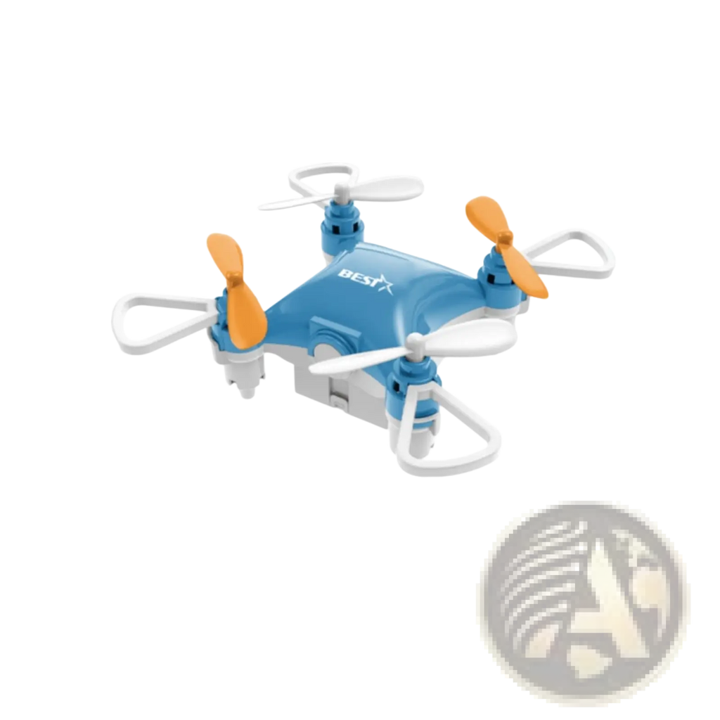 Mini quadcopter toy blue drone with single battery featuring blue and white body orange propellers and best logo