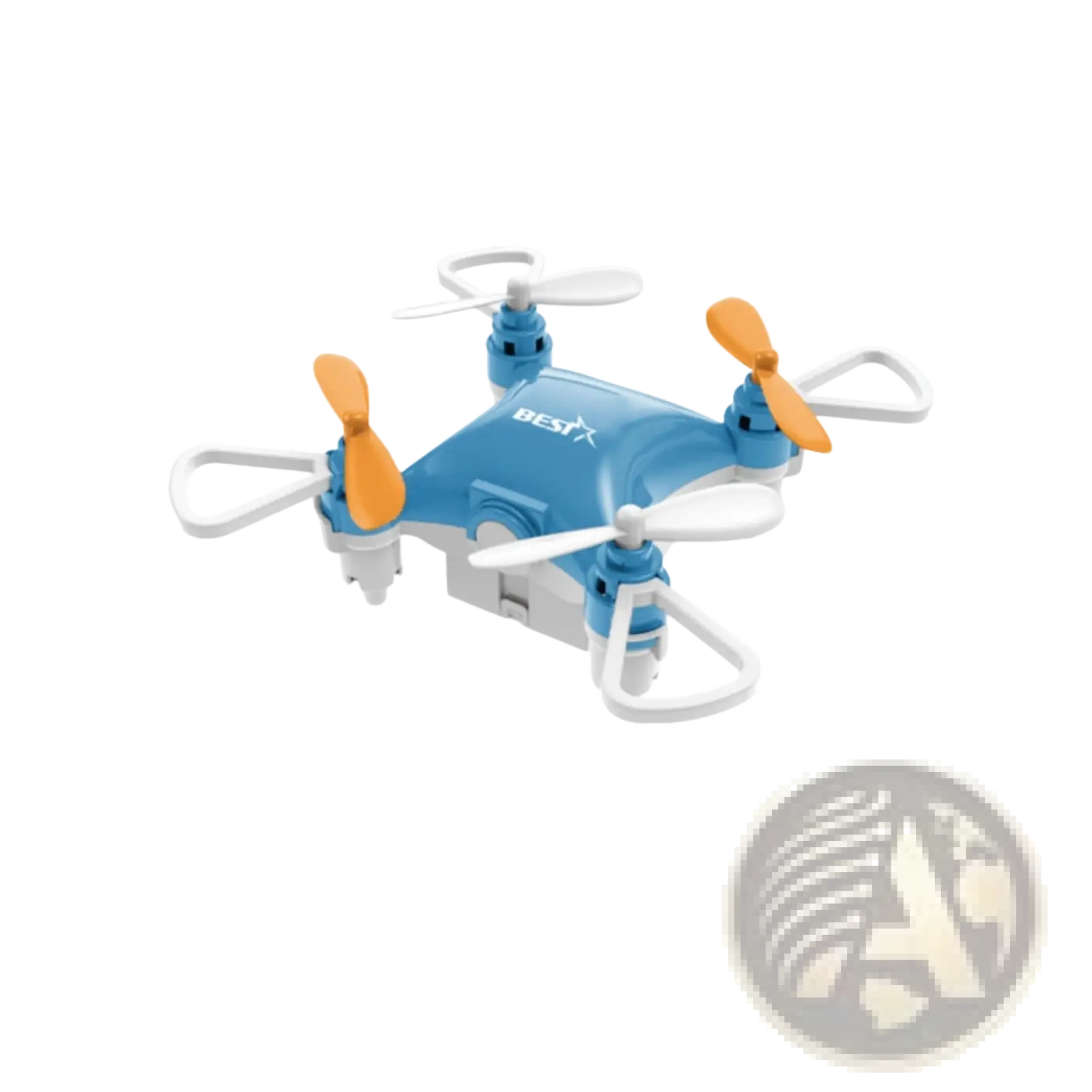 Mini quadcopter toy blue drone with single battery featuring blue and white body orange propellers and best logo