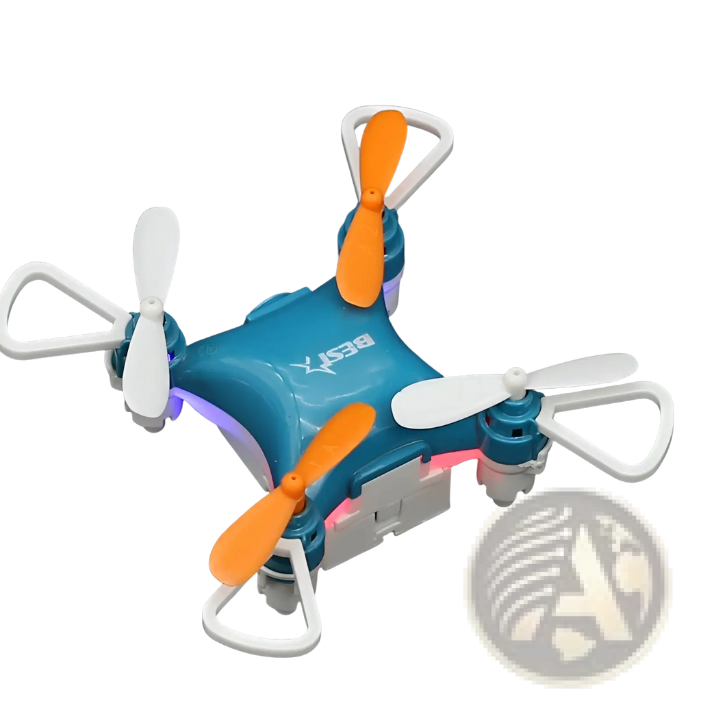 Mini quadcopter toy blue drone with single battery featuring blue and white body and orange propellers