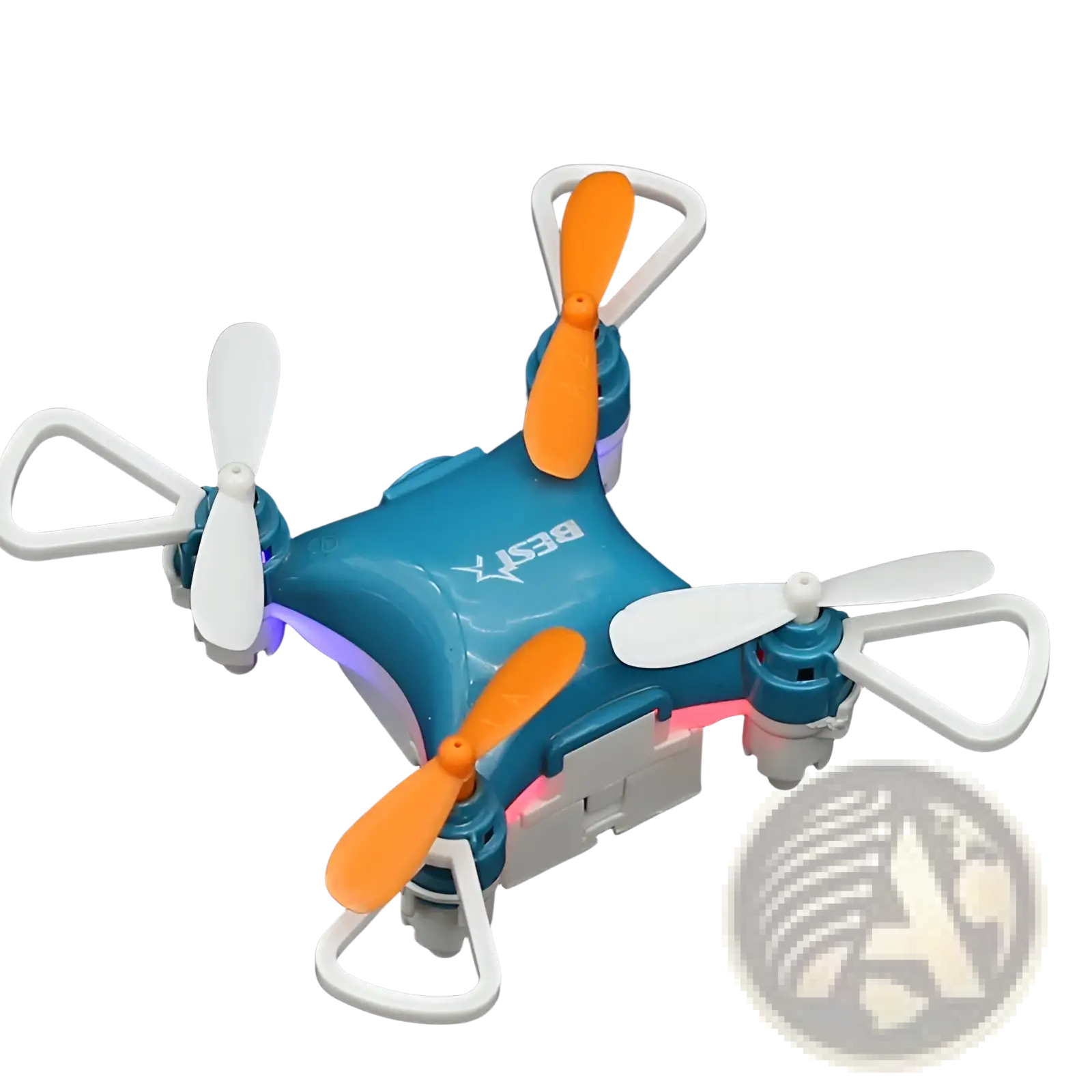 Mini quadcopter toy blue drone with single battery featuring blue and white body and orange propellers