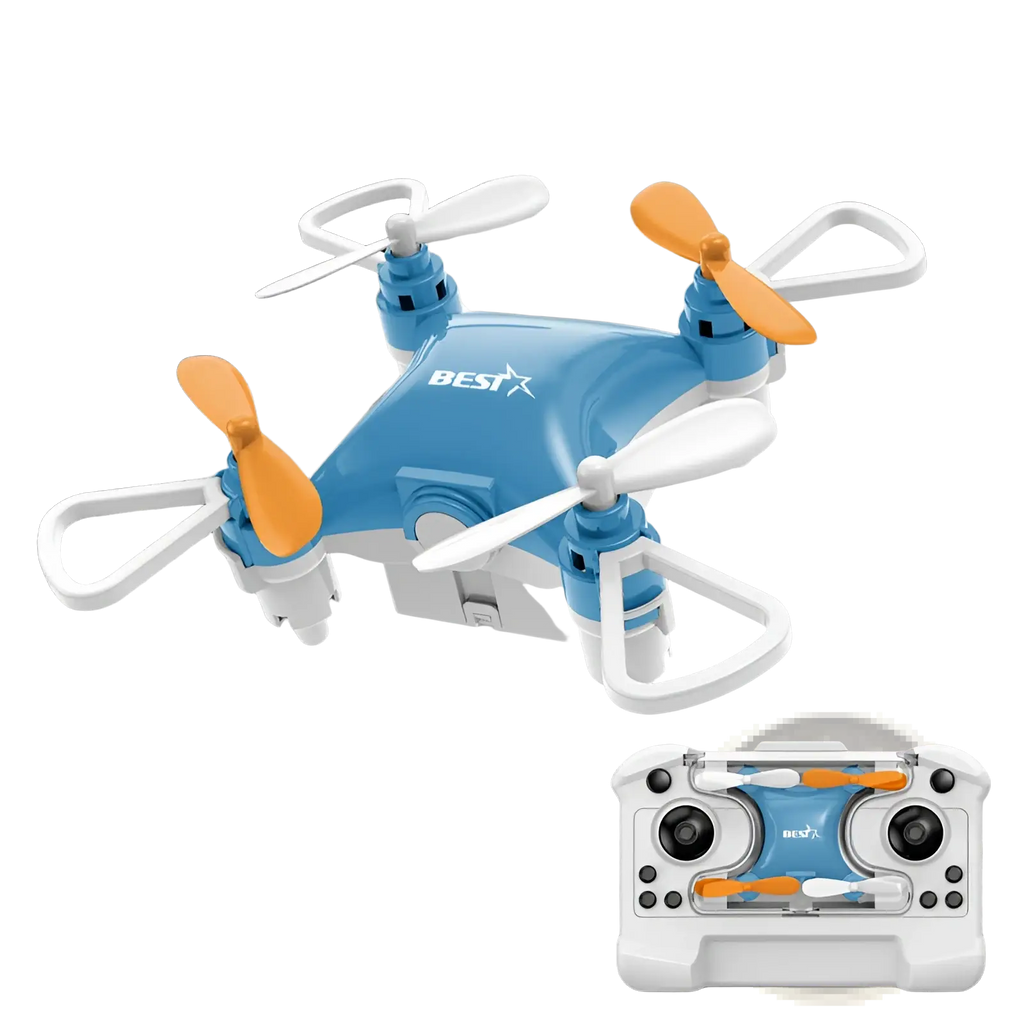 Blue and white mini quadcopter toy drone with orange propellers featuring a single battery for extended flight
