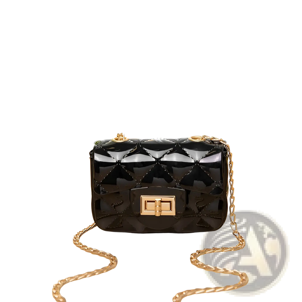 Mini quilted pearl crossbody bag for women in black quilted patent leather with gold-tone chain strap and clasp