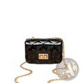 Mini quilted pearl crossbody bag for women in black quilted patent leather with gold-tone chain strap and clasp