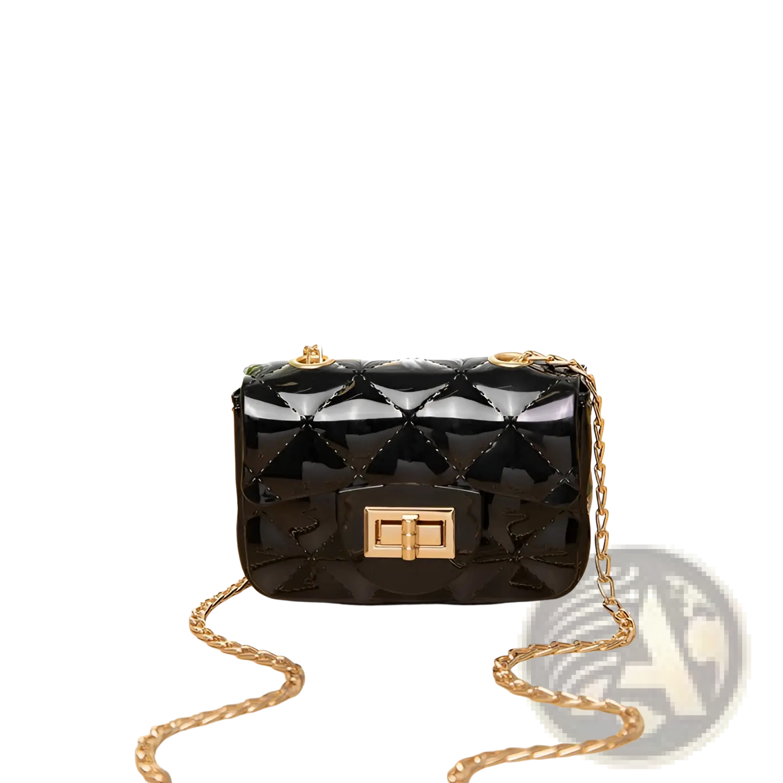 Mini quilted pearl crossbody bag for women in black quilted patent leather with gold-tone chain strap and clasp