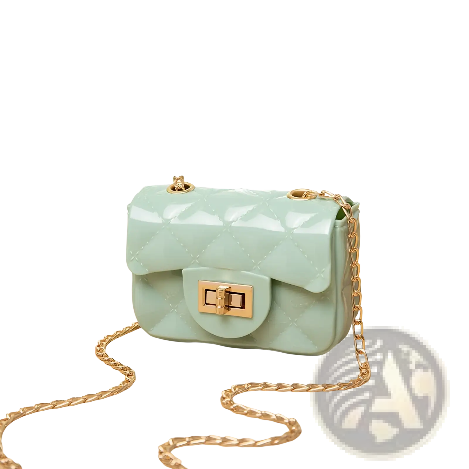 Mint green mini quilted pearl crossbody bag for women with gold-tone chain strap and clasp