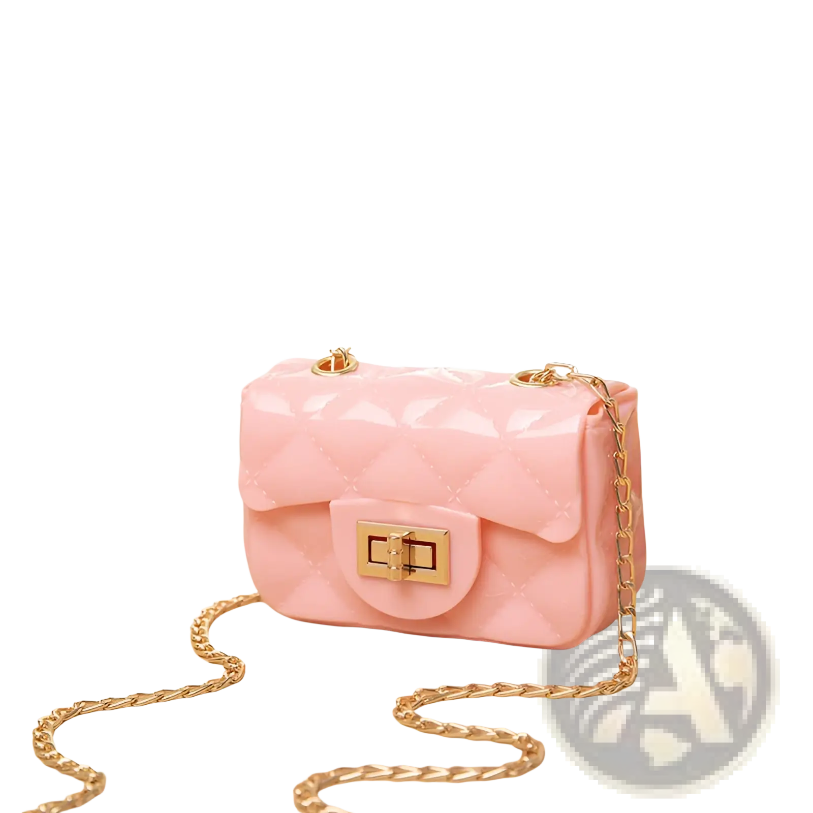Mini quilted pearl crossbody bag for women in pink gel material with gold-tone chain strap and clasp