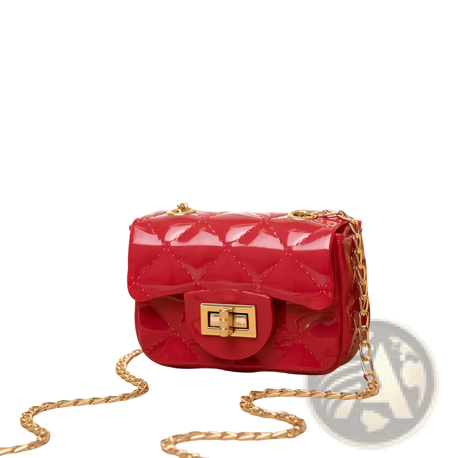 A glossy red mini quilted pearl crossbody bag with gold-tone chain strap and clasp for women