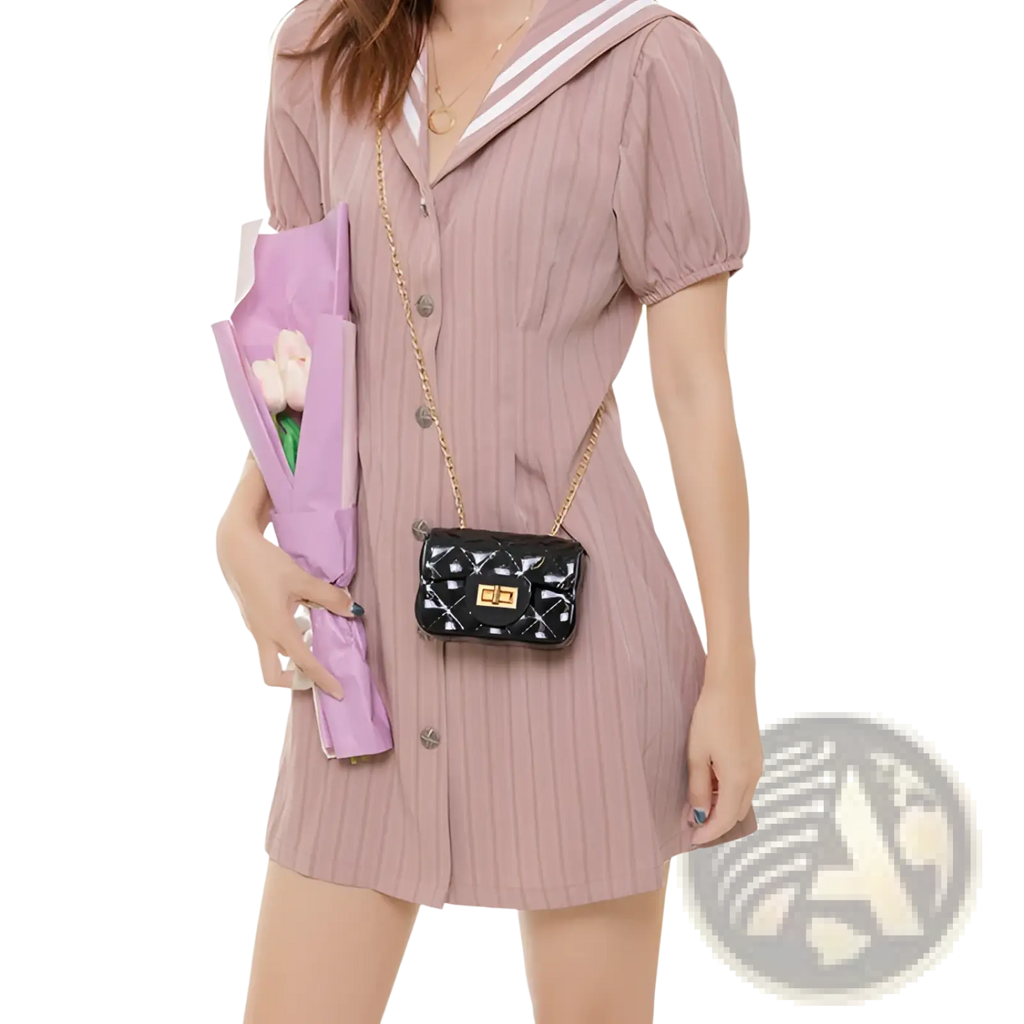 Black quilted mini crossbody bag with pearl accents and gold-tone chain strap for women