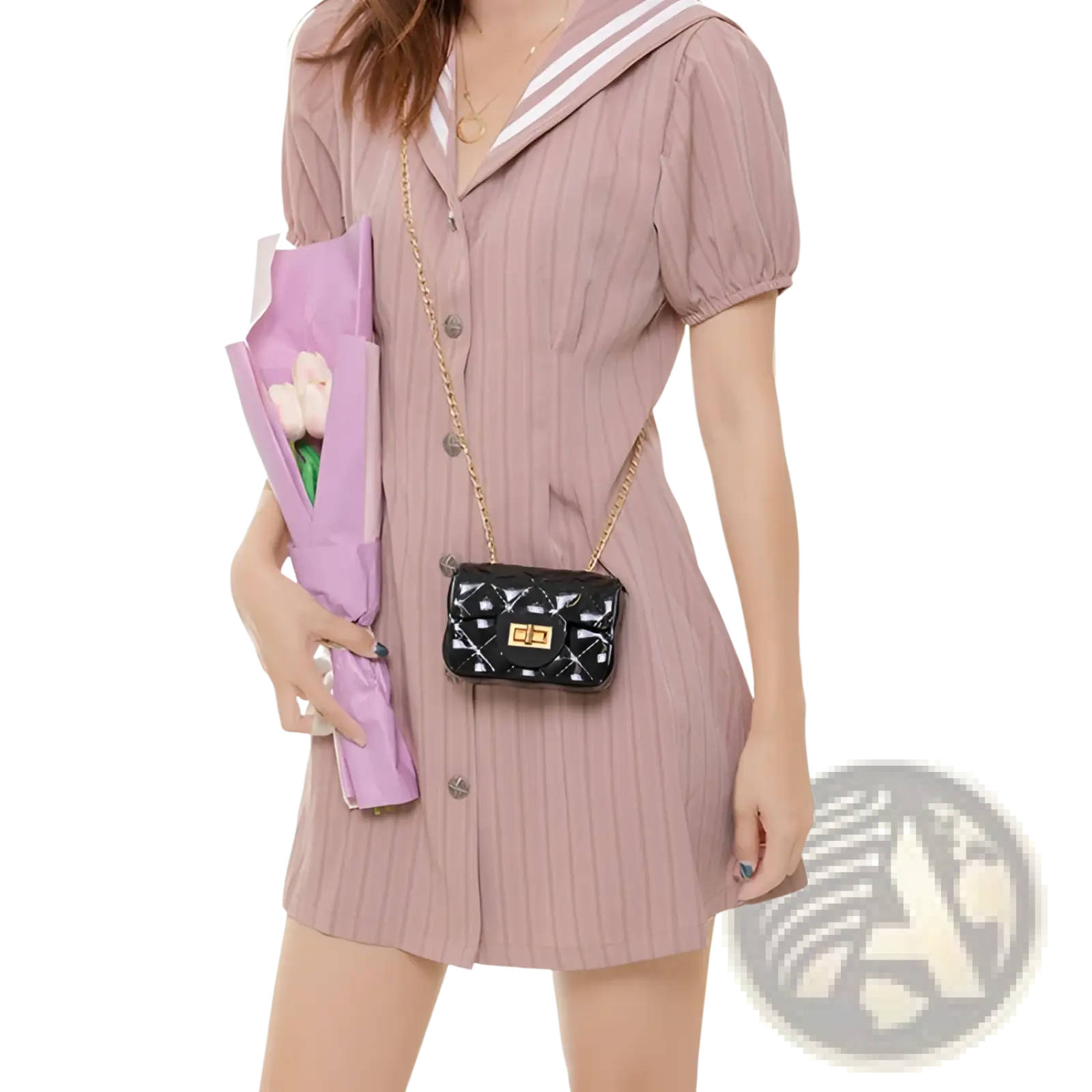Black quilted mini crossbody bag with pearl accents and gold-tone chain strap for women
