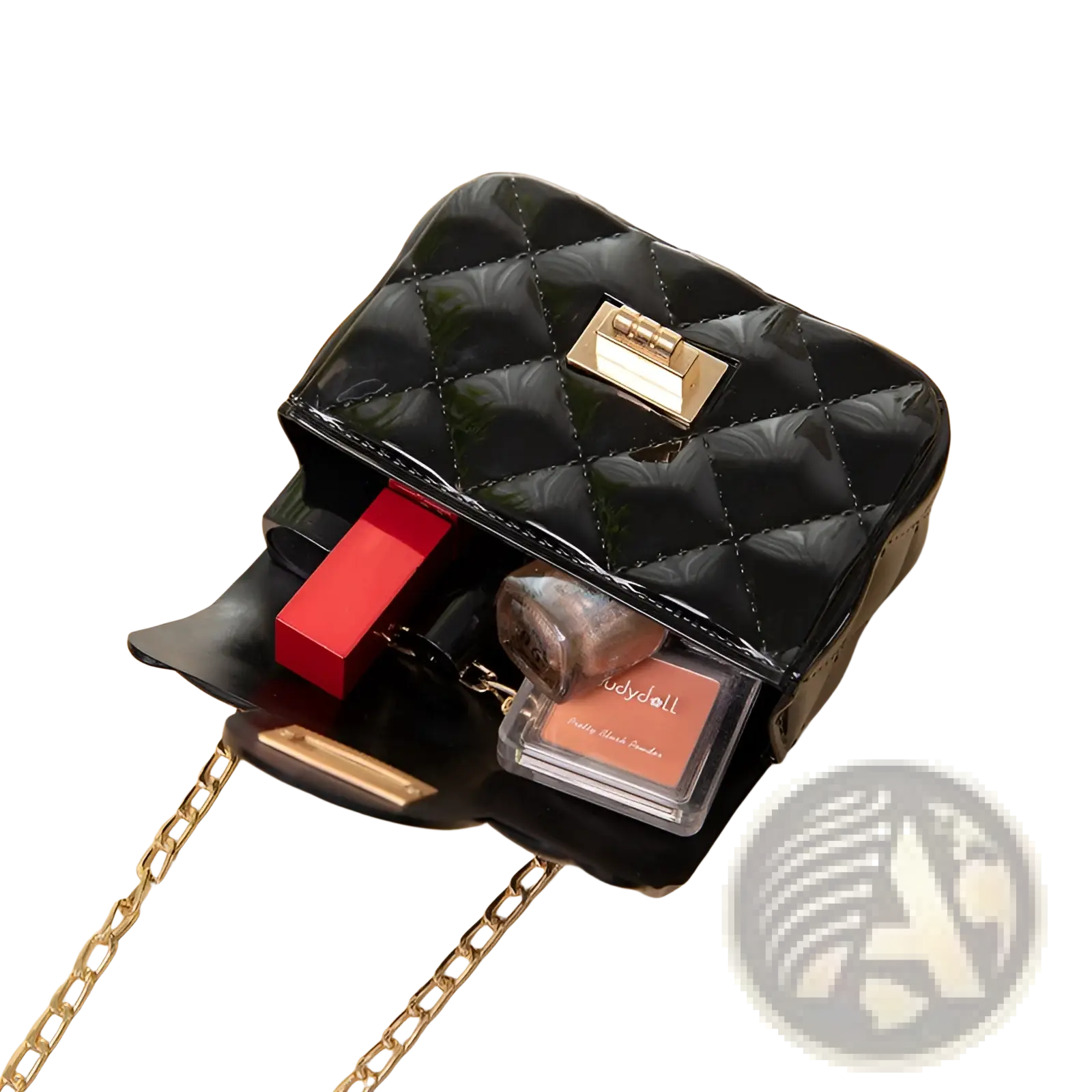 Black quilted patent leather mini crossbody bag for women with gold-tone hardware and chain strap