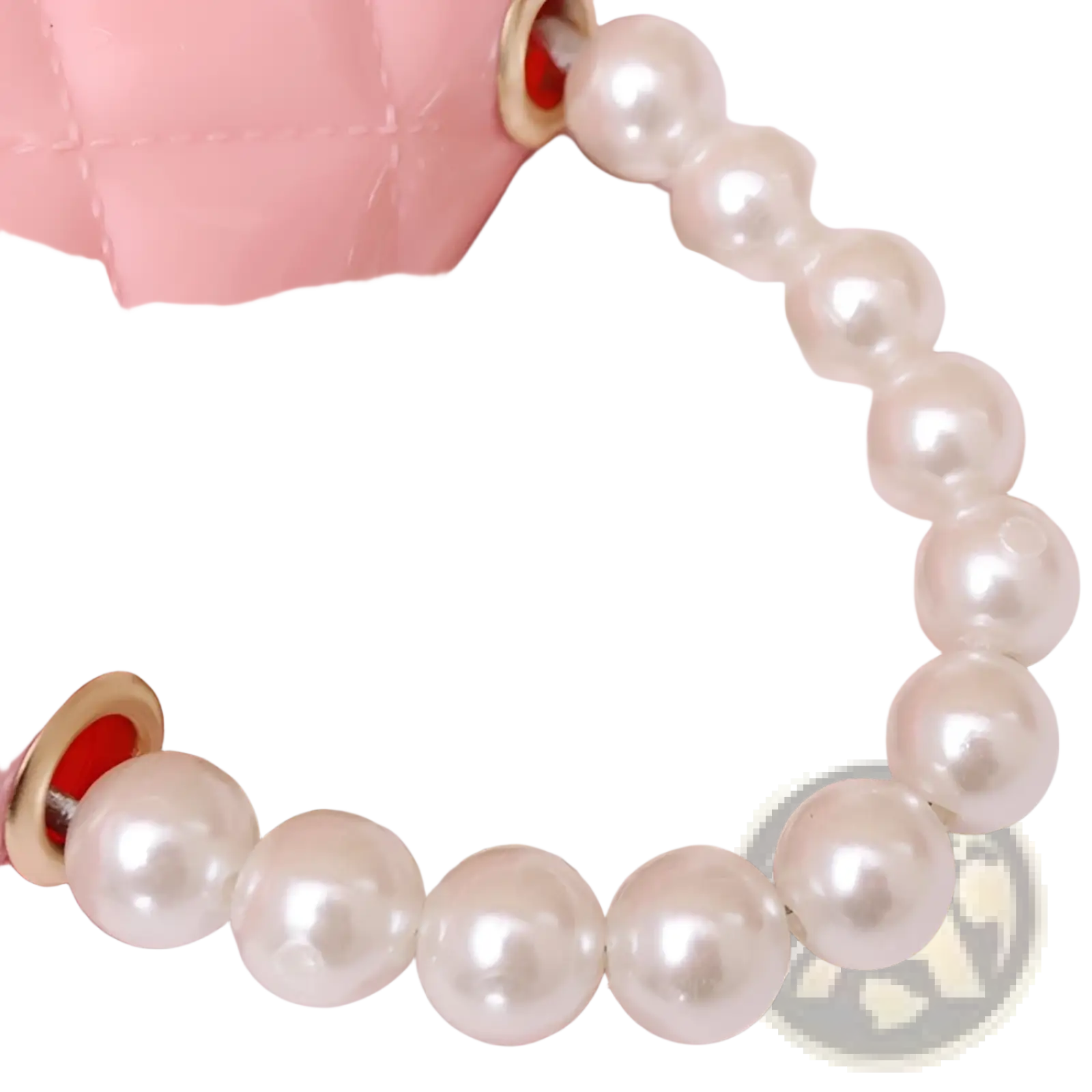 Mini quilted pearl crossbody bag for women featuring a string of glossy white imitation pearls with gold-toned clasps