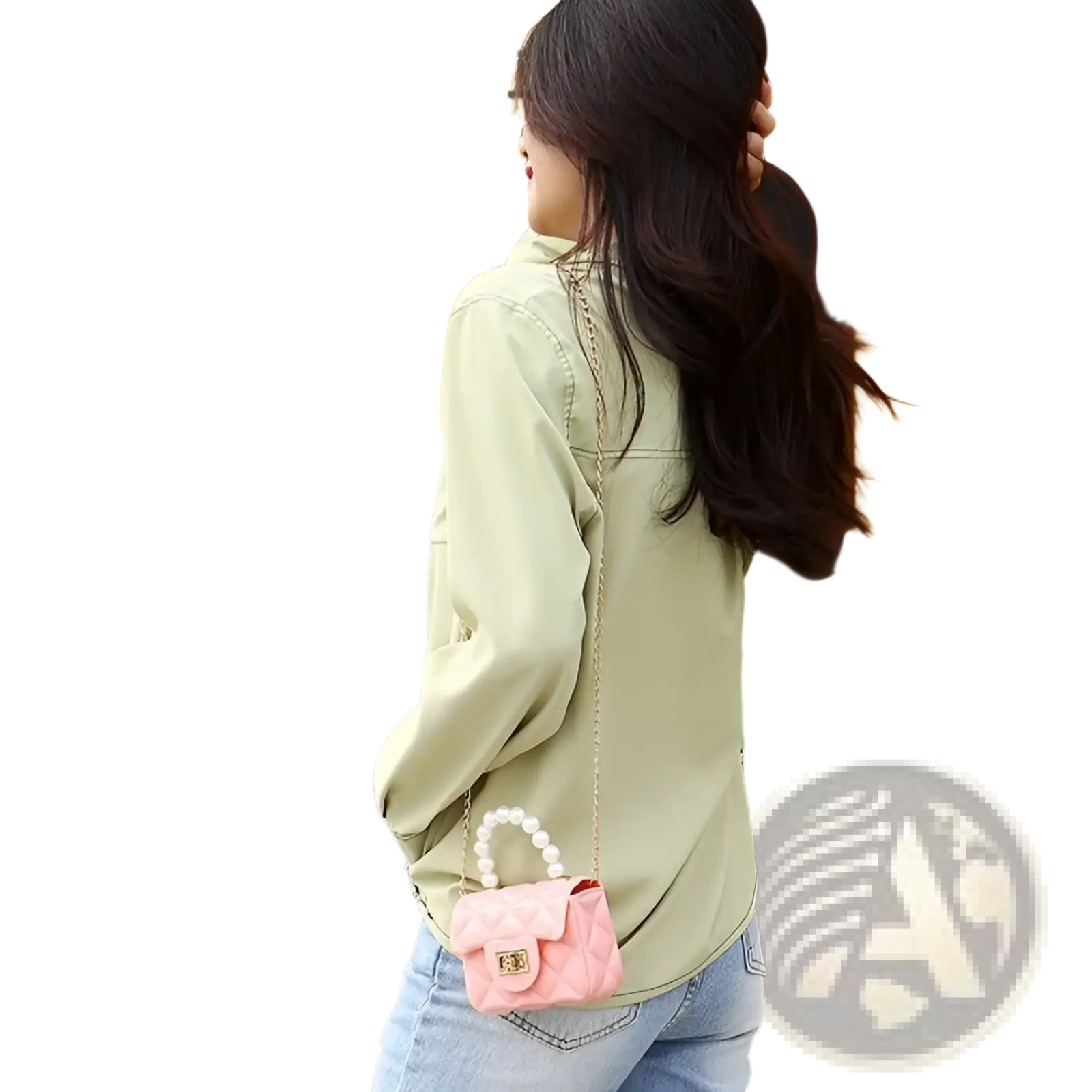 Mini quilted pink handbag with pearl-handled chain strap designed as a crossbody bag for women