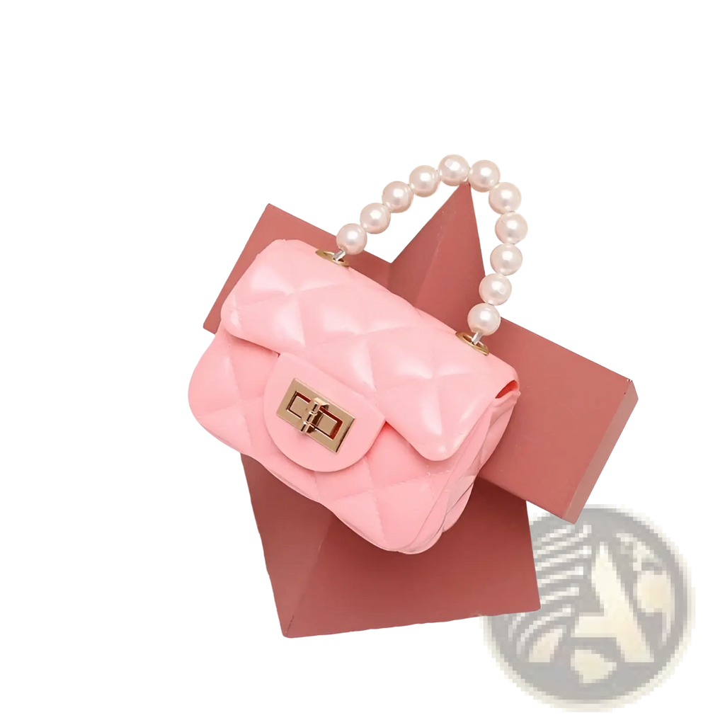 Mini quilted pearl crossbody bag for women in pink with pearl-handled strap and gold-tone clasp