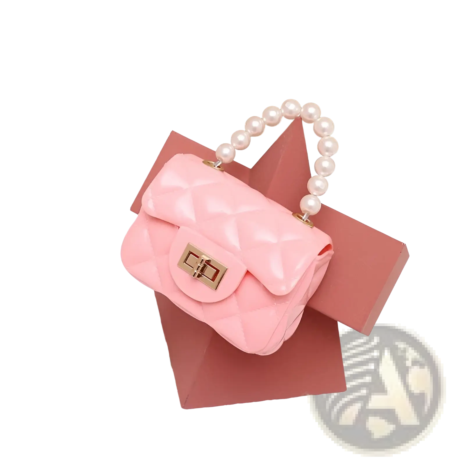 Mini quilted pearl crossbody bag for women in pink with pearl-handled strap and gold-tone clasp