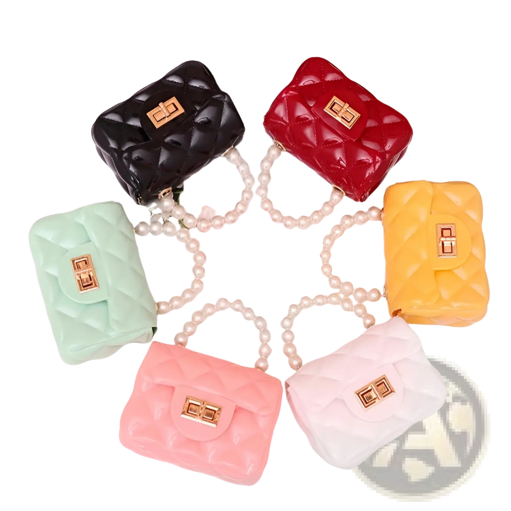 A set of five colorful mini quilted pearl crossbody bags for women with gold-tone clasp closures and chains
