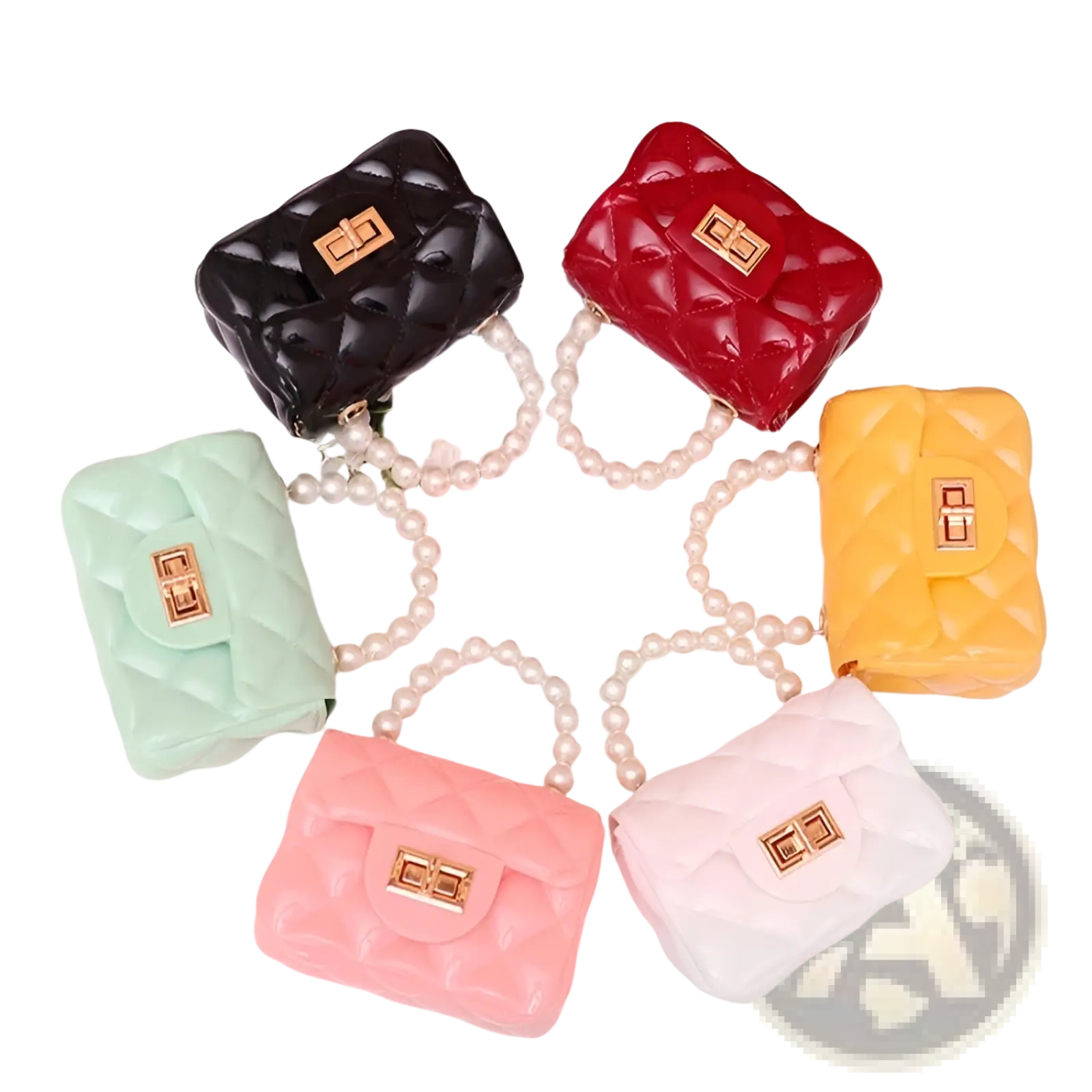 A set of five colorful mini quilted pearl crossbody bags for women with gold-tone clasp closures and chains