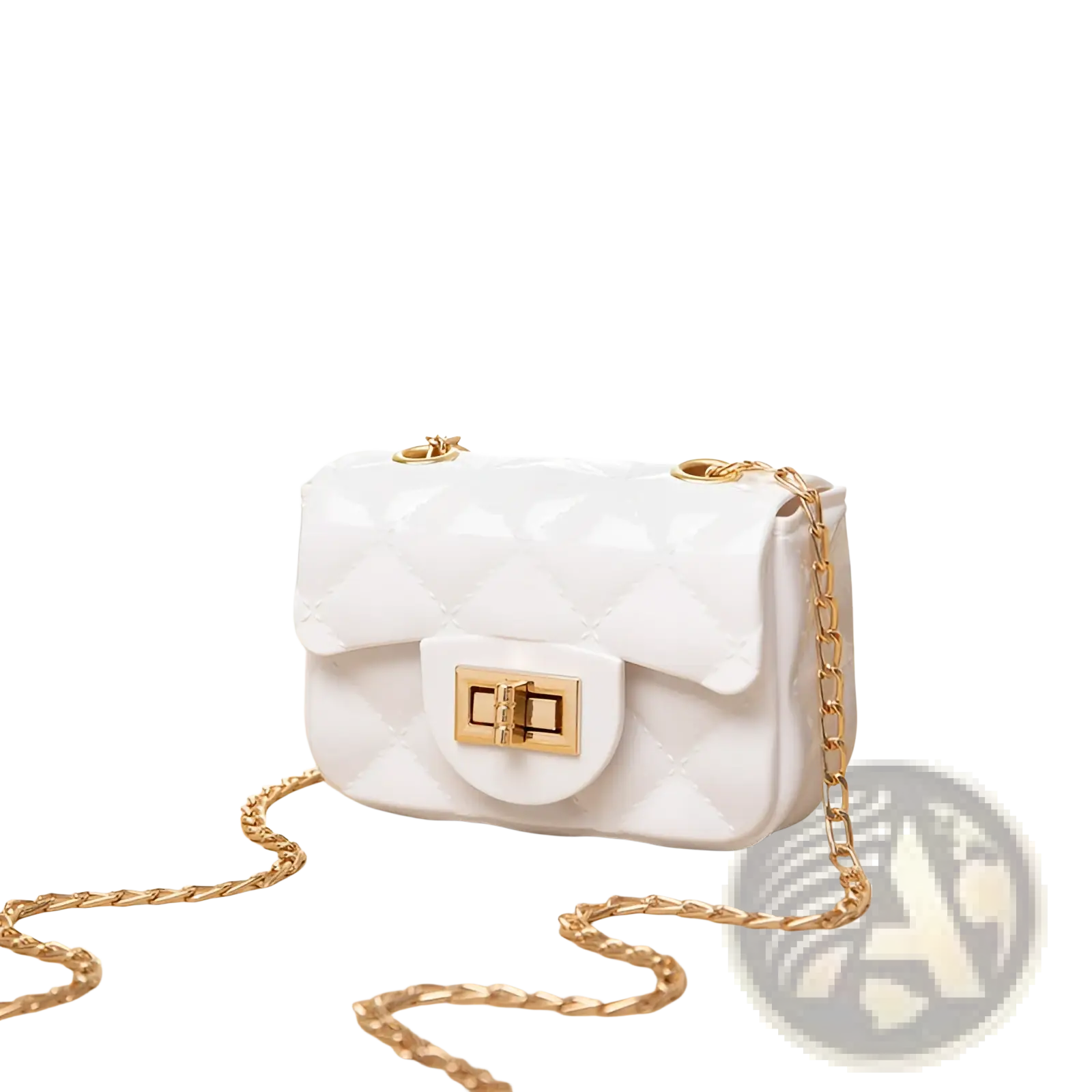 White quilted mini crossbody bag for women with gold tone chain strap and clasp made of pearl material