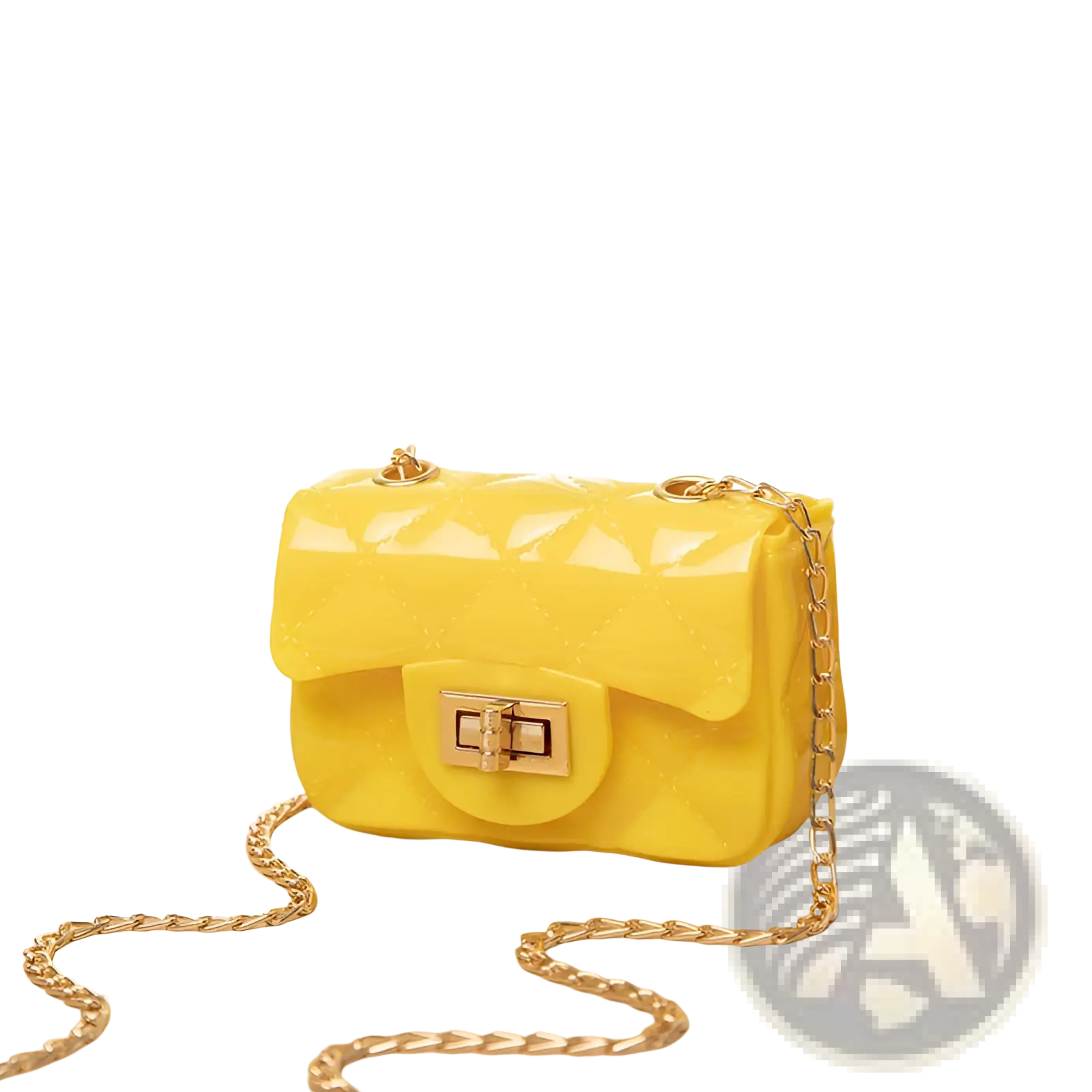 Bright yellow glossy quilted mini crossbody bag with gold-tone chain strap and clasp for women