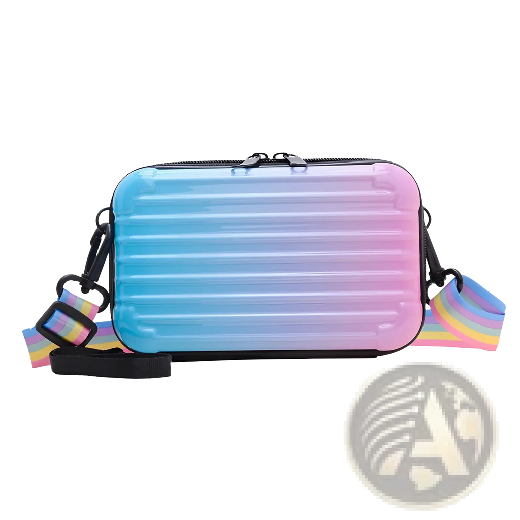 Pastel gradient mini suitcase crossbody bag with rainbow-striped strap designed for casual and stylish use