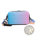Pastel gradient mini suitcase crossbody bag with rainbow-striped strap designed for casual and stylish use