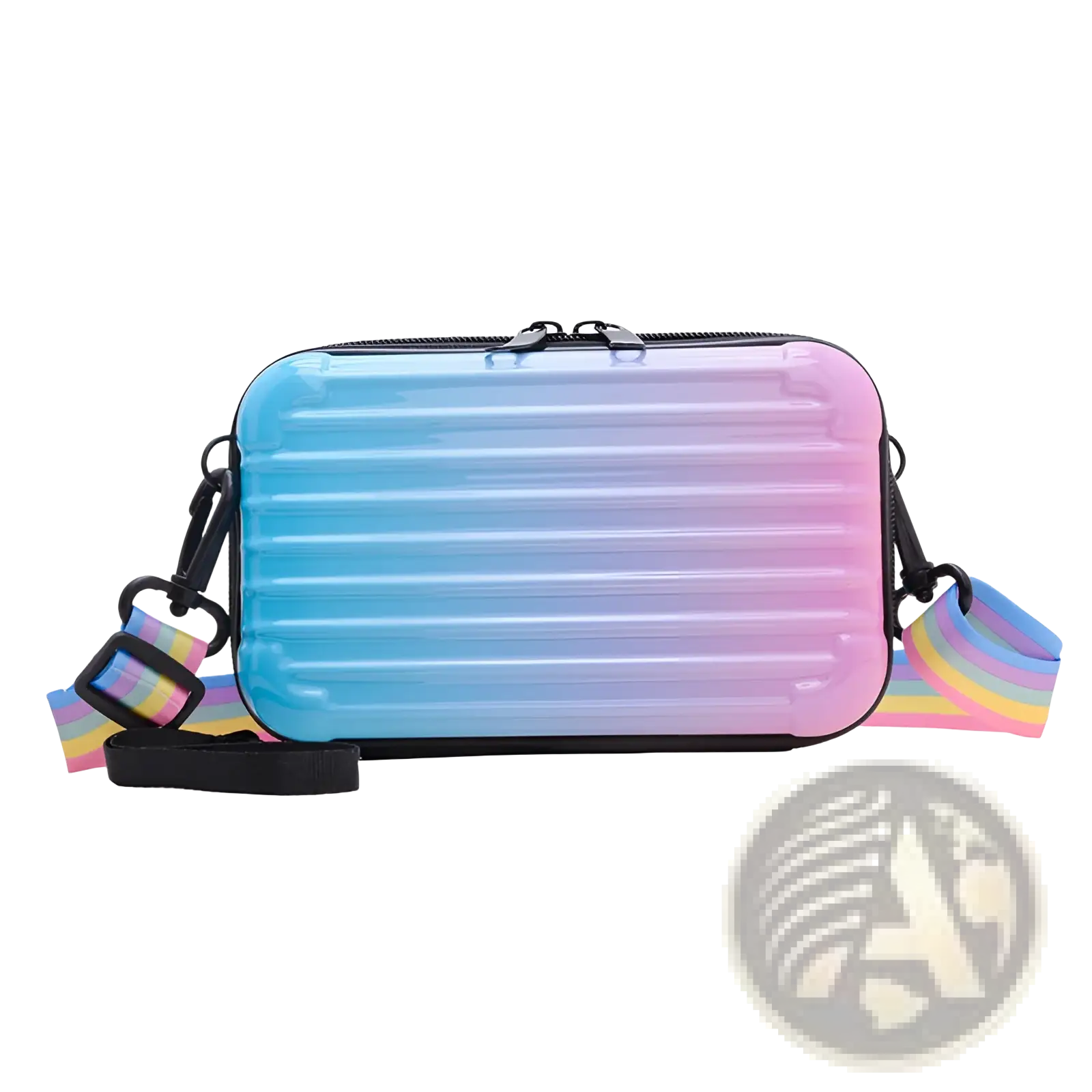 Pastel gradient mini suitcase crossbody bag with rainbow-striped strap designed for casual and stylish use