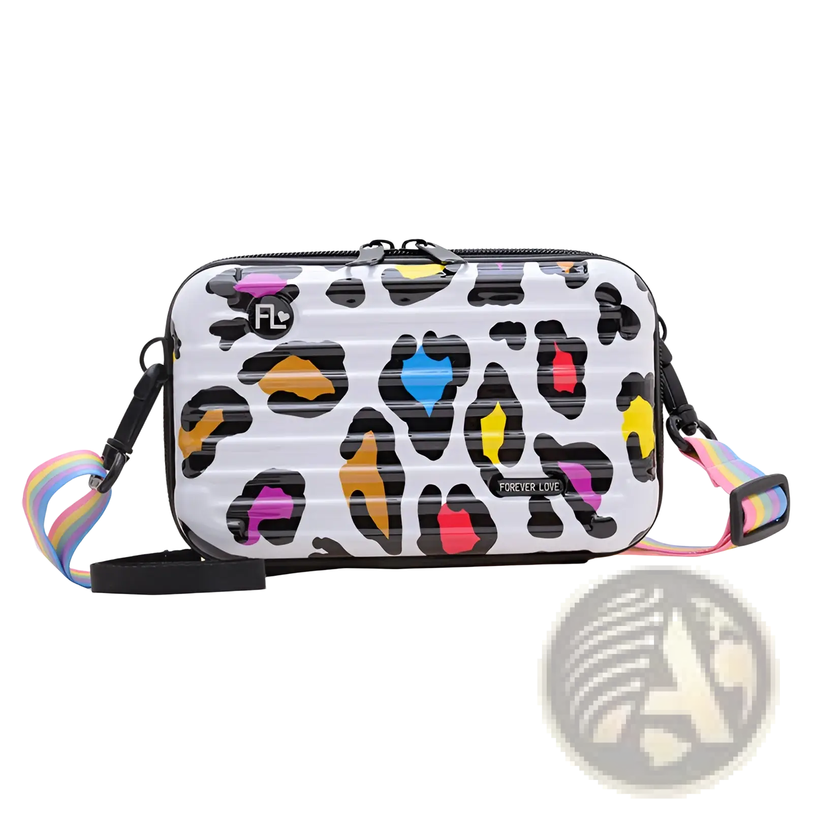 Mini suitcase crossbody bag in white hard shell with multicolored leopard print and rainbow strap accents