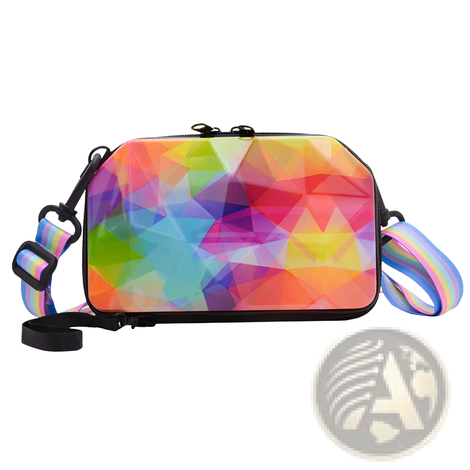 Mini suitcase crossbody bag with a vibrant geometrical rainbow gradient design and matching striped strap